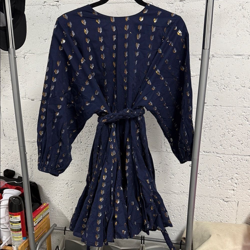 RHODE Blue Dress with Gold Details Long Sleeve Baby Doll Rope Belt - Medium NWOT